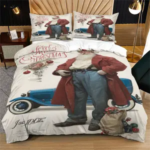 Vintage Christmas Bedding Set, Includes 1 Fitted Sheet and 1/2 Pillowcases, Cartoon Santa Print, Flannel Christmas Home Textile Set