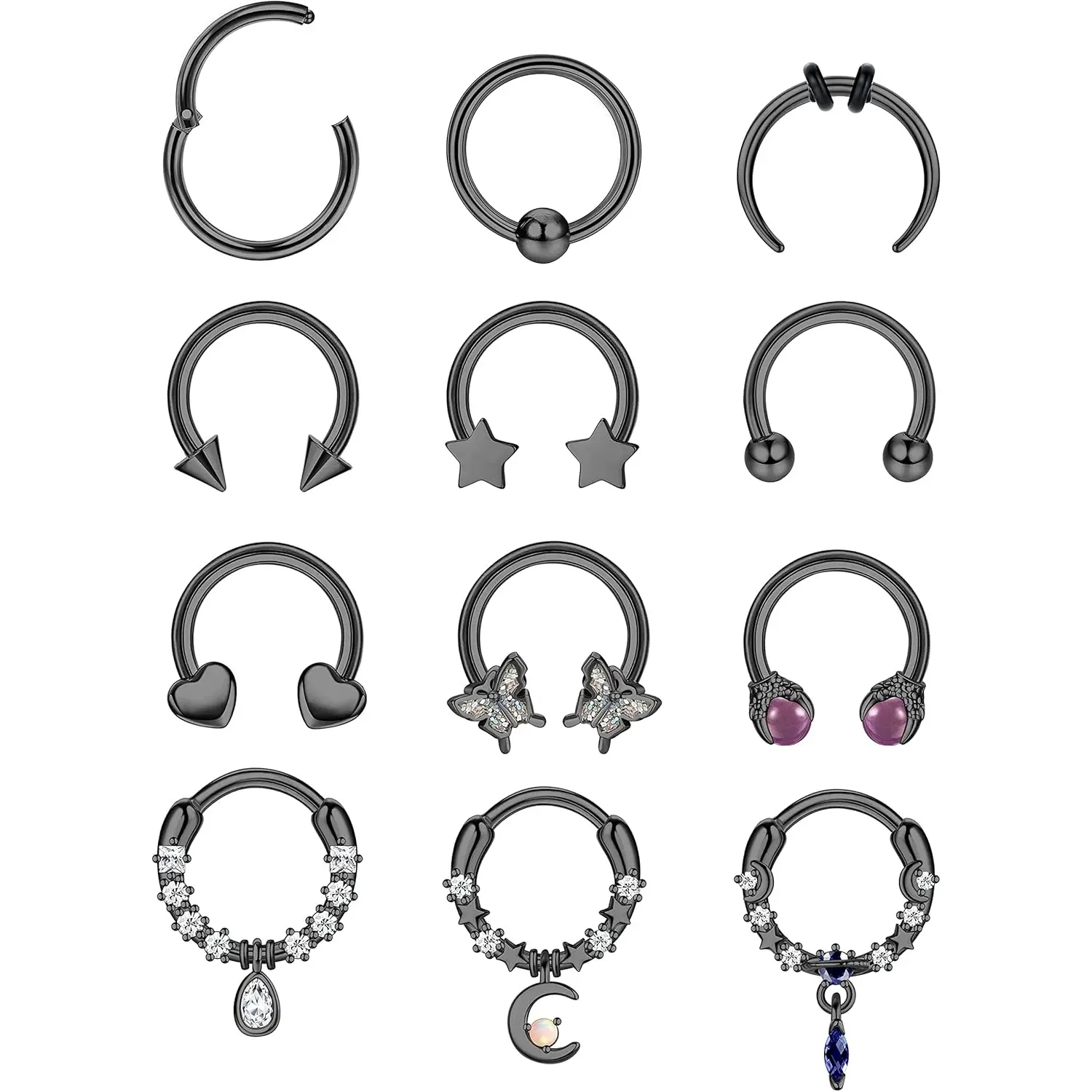 12-Piece Surgical Steel Septum Ring Set, 16G 10mm Unisex Horseshoe, Moon & Heart Shape Accent Hoops, Body Jewelry for Music Festivals, Thanksgiving Gift, Nose Piercing, 12 Styles To Mix, Dangling Shapes, Body Piercing Jewelry, Polished Surface, Star Shape