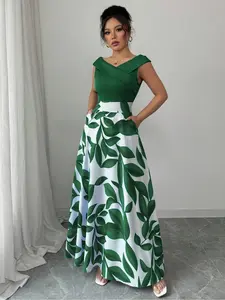 Women's Leaf Printed Patchwork Slim Fit V-Neck Flare Dress, Casual Vacation Style with Pockets, Perfect for Beach & Outdoor Activities