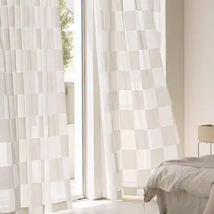 1 count New Large Check Linen Curtains, Light-Transmitting Bedroom Living Room Window Drapes, Casual Style Natural Vintage Design