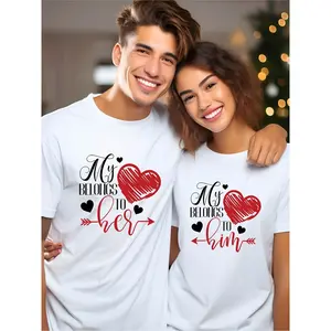TLXT 1pc Printed Round Neck Men's and Women's Short Sleeved T Shirt Valentine's Day Couple's Husband and Wife Anniversary Gift My Heart Belongs to Her He Printed Couple's Fashion Casual Exercisefor Valentine's Day Holiday Gift