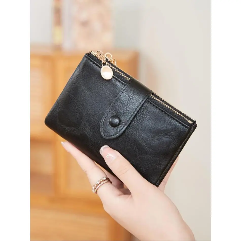 Women's Retro Solid Leather Bifold Wallet - Credit Card Holder with Zipper, RFID Blocking for Sports & Outdoor Gym Use, Fashionable Wallet