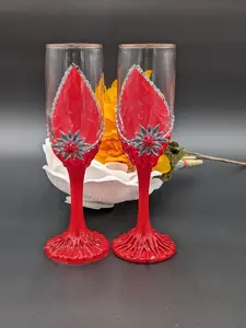 The Red Sun Flower Pair - Glass Product with Red Rhinestone Design & Sunflower Etching - Elegant Champagne Flutes