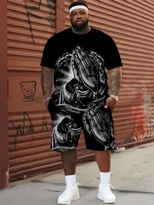 A set of printed men's large-sized casual Round Neck T-shirt and shorts suit, featuring devout prayer patterns. The T-shirt set is suitable for all seasons and comes in an extra-large size Clothes