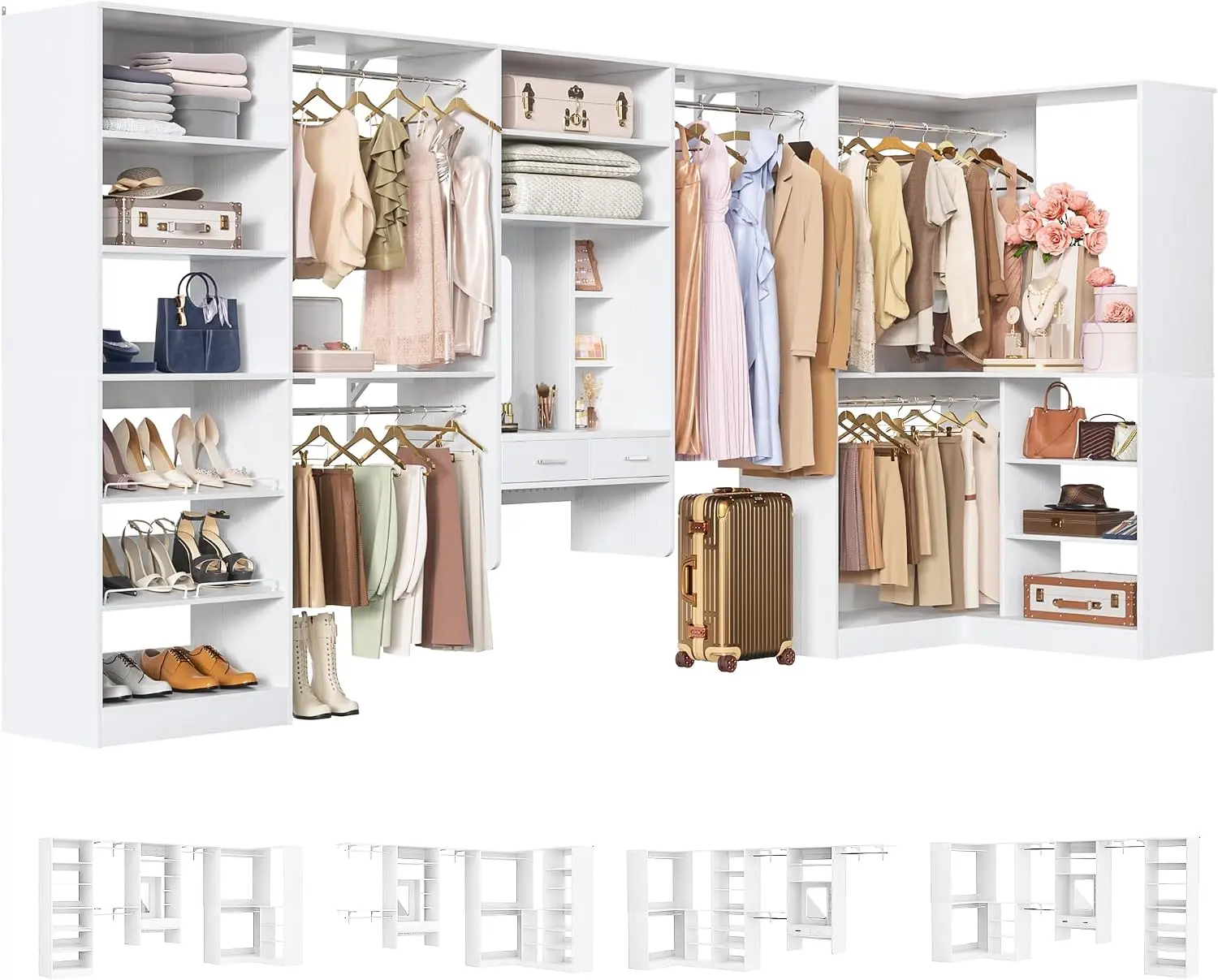 Unikito Closet System with Vanity Desk, 156”Modular Corner Closet Organizer System with Hanging Rods & Adjustable Shelves, Freestanding Wood Wardrobe Organizer, Sturdy Walk in Closet Tower