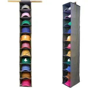 11-Pocket  Baseball Hat Organizer - Gray Hat Storage Rack for Closet, Holds Up to 100 Caps. Also store shoes or sneakers or towels. Multiple uses.
