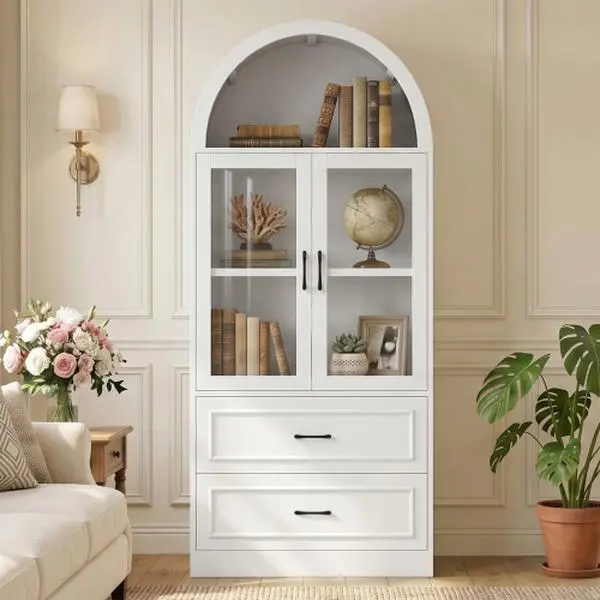 Bellemave Modern Minimalist Arched Top Storage Cabinet - Tempered Glass Doors, 2 Fixed-Tier Shelves, 2 Large Drawers, Soft-Close Hinges, Exquisite Metal Handles, DIY Kit [Video]