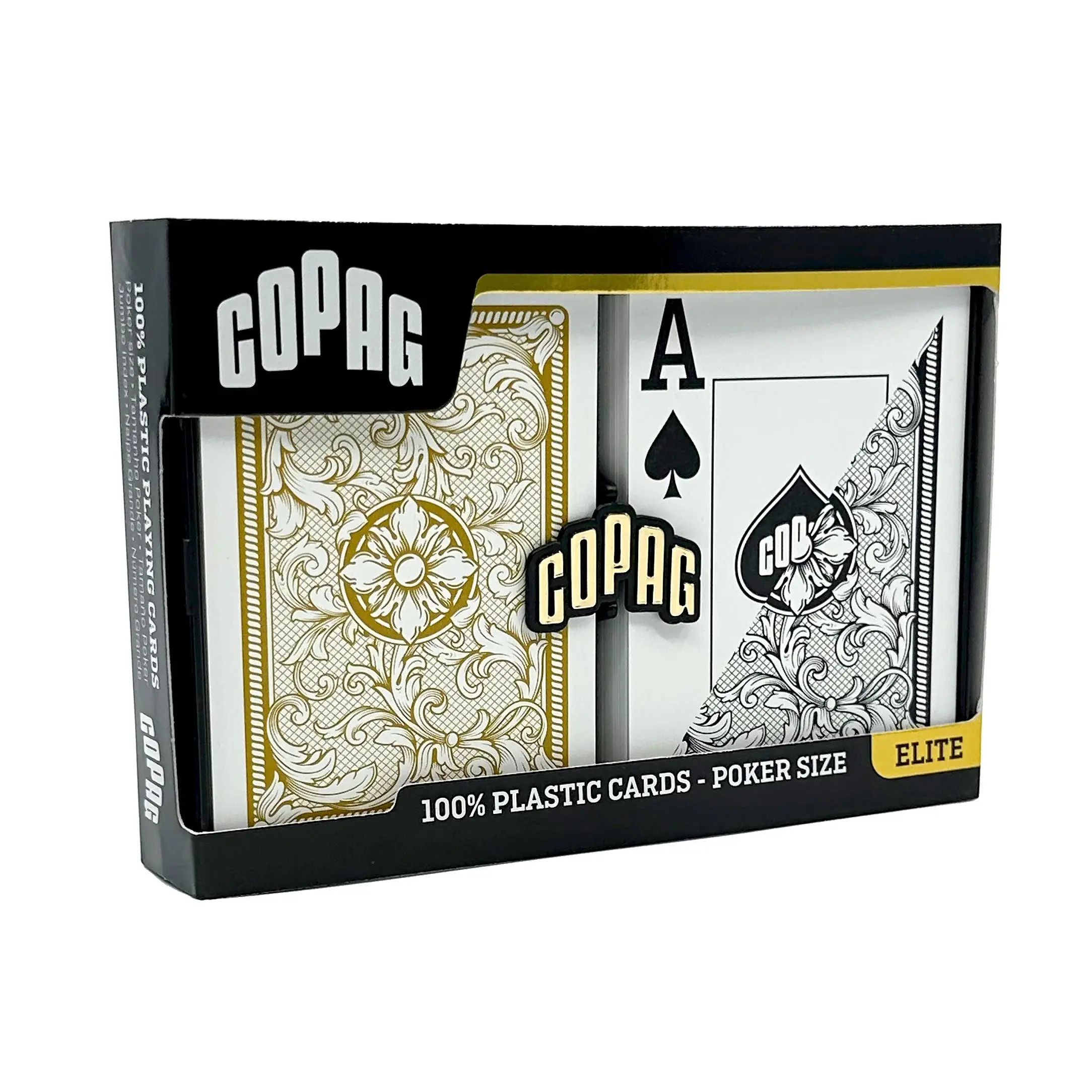 Copag Legacy Series 100% Plastic Playing Cards - 1546 Design, Poker Size, Jumbo Indices, 52 Cards, Washable, Indestructible, Black & Gold Double Deck Set, Deck Of Cards, Premium Cards