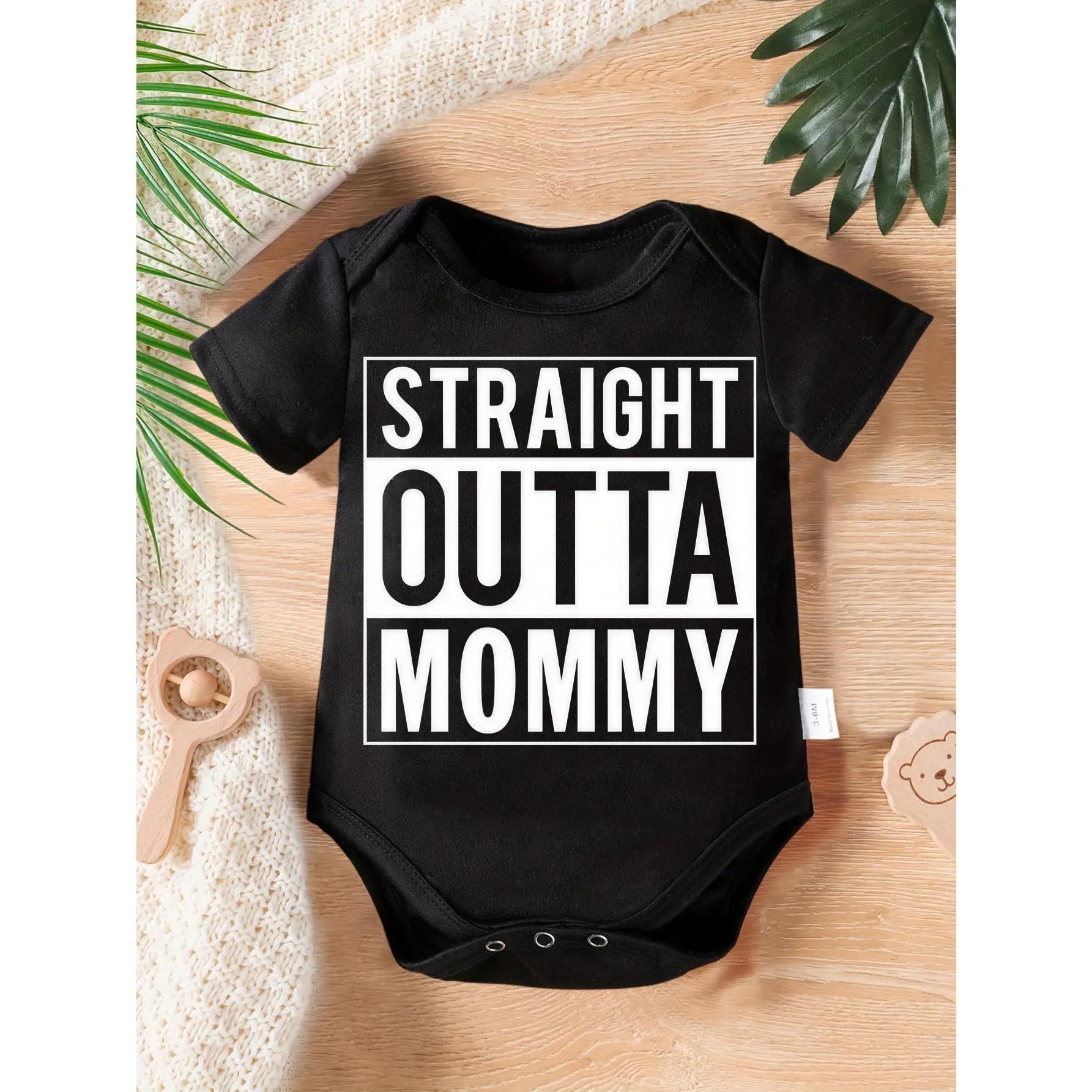Cute Baby Bodysuit With Straight Outta Mommy Text Graphic Print Soft Versatile Round Neck Button Detail Regular Fit All Seasons Knitted Fabric Onesie For 0-12 Months