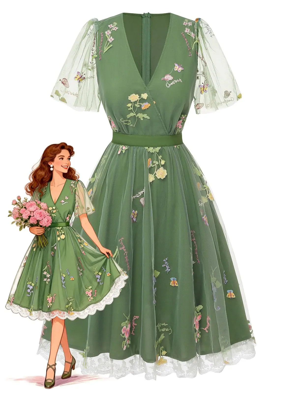 Green 1950s Floral Puff Sleeve Mesh Embroidered Dress Wedding Guest Dress Fall Wedding Guest Outfit BackToSchool Sohochic Fall Dresses Fall outfits Fall fashion