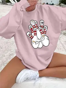 Autumn Winter Casual Sweatshirt, Fun Bowling Bottle Print, Fitted Graphic Tee, Daily Wear, Fashionable, Perfect for Friends' Gatherings