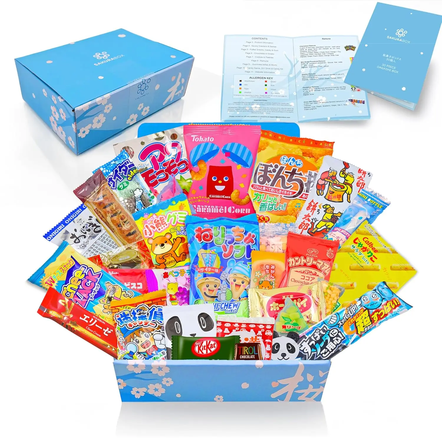 Traditional Japanese Dagashi Snacks Multipack - 30-Piece Chewy Sweet & Savory Candy Combo, Blue Box Gift Set with English Pamphlet, Ideal for Festive Occasions & Anime Lovers