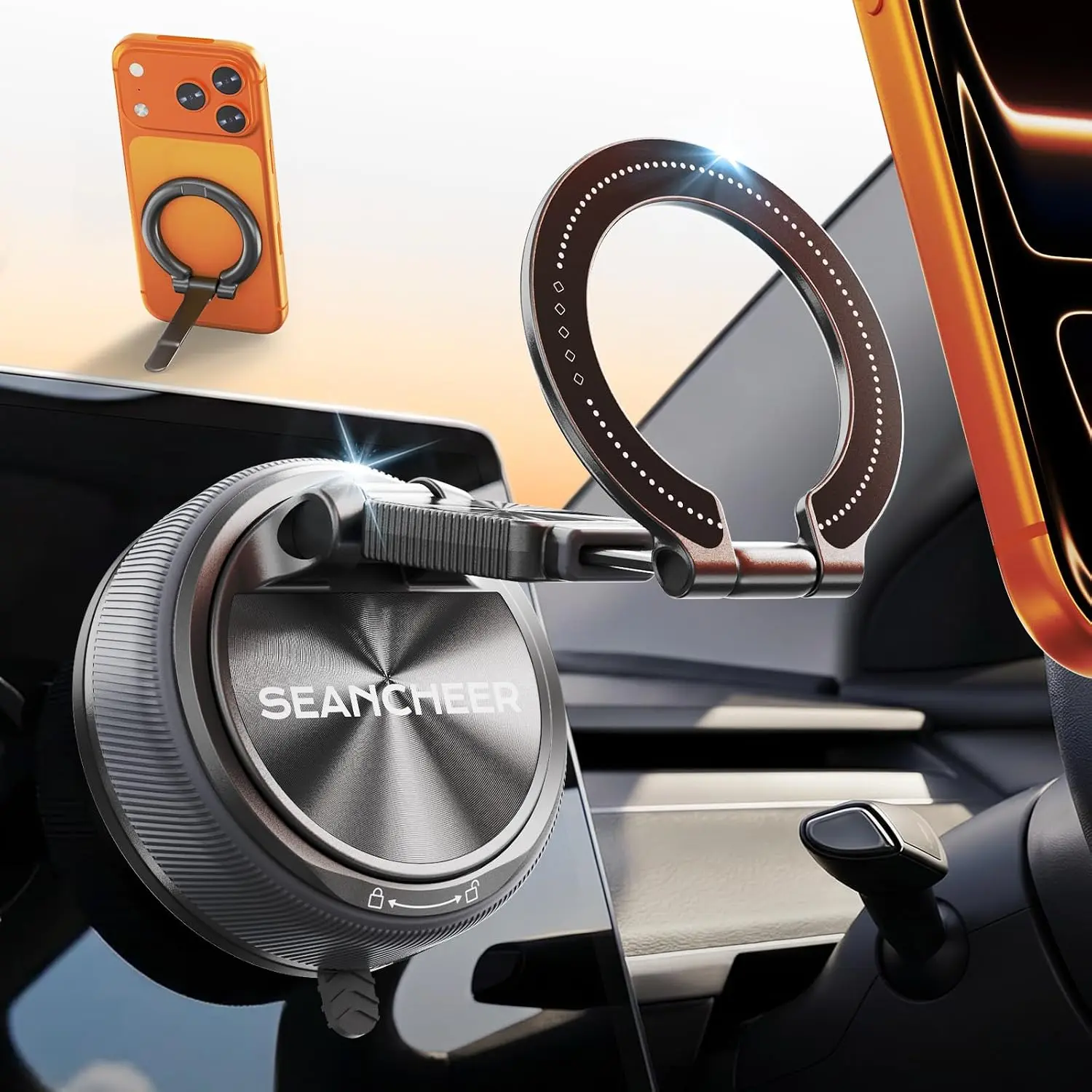 SEANCHEER S-68  Detachable Magnetic Car Phone Holder for MagSafe, Vacuum Suction Cell Phone Car Mount with Ultra Strong Magnetic, 900° Adjustable Dashboard & Windshield Phone Holder for iPhone 17-12