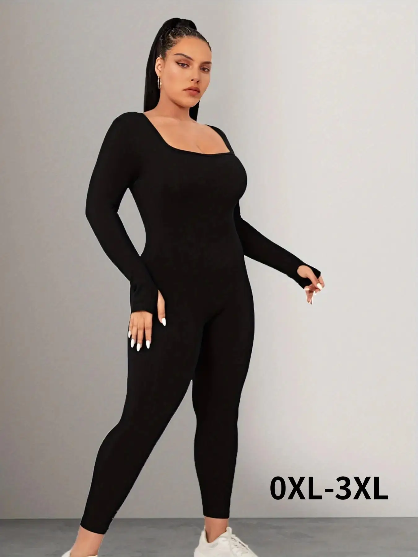 Plus Size Basic Solid Long Sleeve Square Neck Sports Jumpsuit, Sporty High Stretch Seamless Jumpsuit For Yoga Gym Workout, Women's Sport Outdoor Cloth