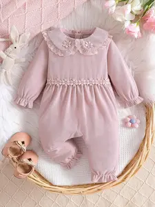 Girls' clothing, Baby clothes girl, autumn jumpsuit for baby girls, lace style, baby girl pink pit stripe jumpsuit with lace collar and small flower decoration, soft and skin friendly, baby girl birthday gift, suitable for baby girl's home living, outdoor