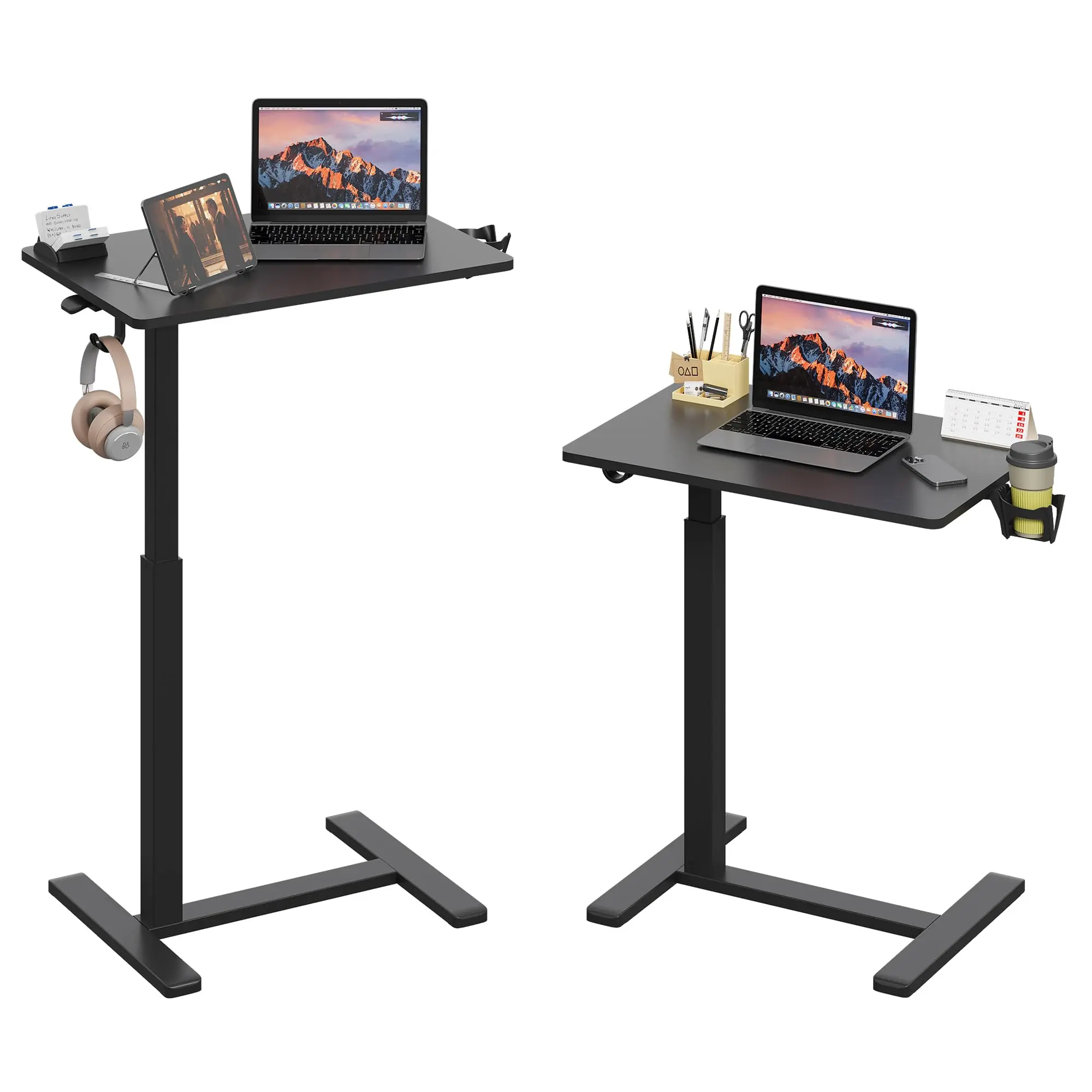 [Gamork] Mobile Standing Desk on Wheels, Gas Spring Adjustable Height Rolling Portable Laptop Desk,   Small Sit Stand Desk with Cup Holder/Headphone Hook ,Laptop desk for bed 26"×19"