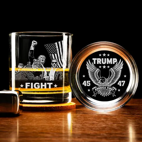 Engraved Trump Fight 2024 Whiskey Glass, MAGA 11oz Rock Glass Gifts for Men