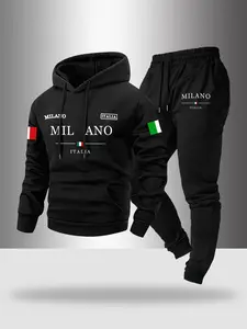 Men's Fall Winter 2 Piece Set Matching Milano Letter Print Long Sleeve Hoodie & Jogger Pants, Casual Soft Thick Fabric, Comfortable Fitted Design, Menswear