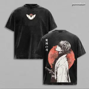 Retro Vintage Limited Zenitsu Agatsuma Demon Slayer Anime Double Printed Washed Tee Unisex Oversize Anime Manga Washed Lightweight Cotton T-Shirt Gift For Anime Fan Casual Style