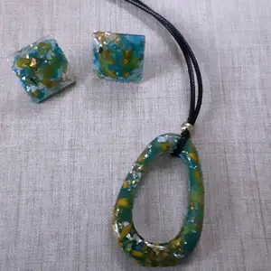 Blue and Yellow Marigold Necklace Earrings Set with Decorative Elements and Cord