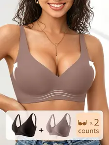 2-Pack Jelly Bra Seamless Deep V Push-Up Underwire-Free Breathable Half-Cup Pads, Soft Comfortable Daily Wear Women's Underwear Bras