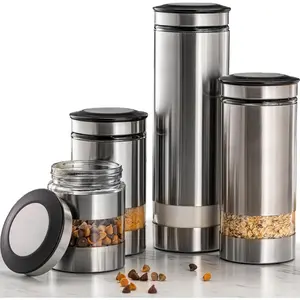Airtight Glass Canister Set of 4 with Stainless Steel Sleeve for Kitchen Counter - Food Storage Containers with Glass Window and Airtight Lids - Pantry Storage and Organization Set