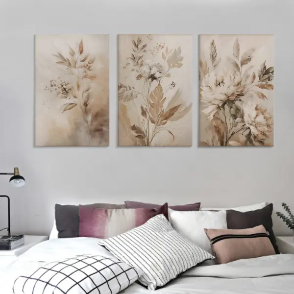 Beige Abstract Flower 3-Piece Multi-Size Canvas Wall Art Set - 8"x12",12"x16",16"x24" Neutral Plant Print Edged Canvas, UV-Resistant Non-Toxic Eco-Friendly Home Decor, Quick Wall Setup, Easter Halloween Gift for Room Hanging