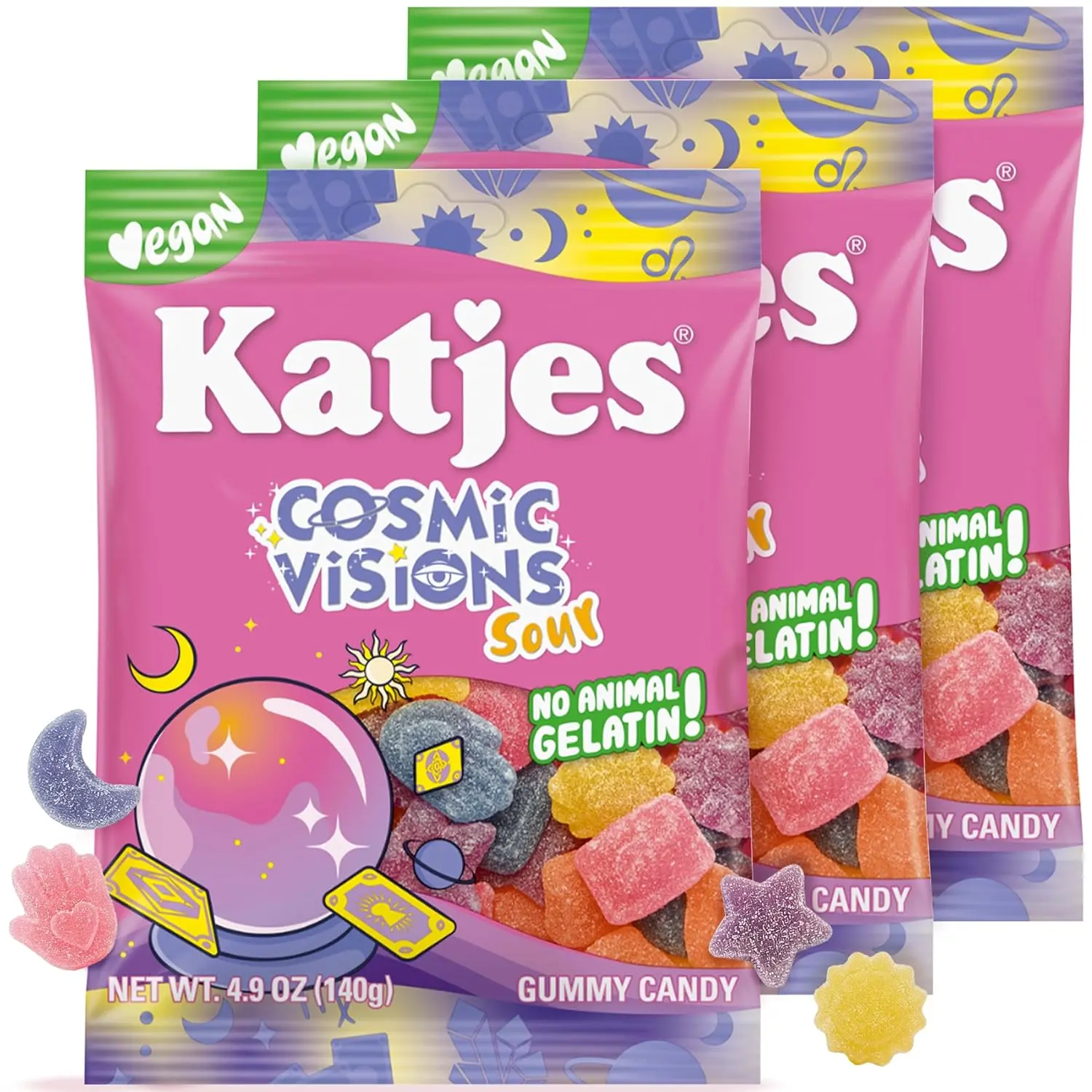 Katjes Cosmic Visions, Vegan Gummy Candy, (3 Pack) Wildly Good Soft & Flavorful, Sweet and Sour Gummies, Colorful Celestial Shapes, No Artificial Dyes or Flavors, Gelatin Free, Vegetarian Snacks, 4.9oz
