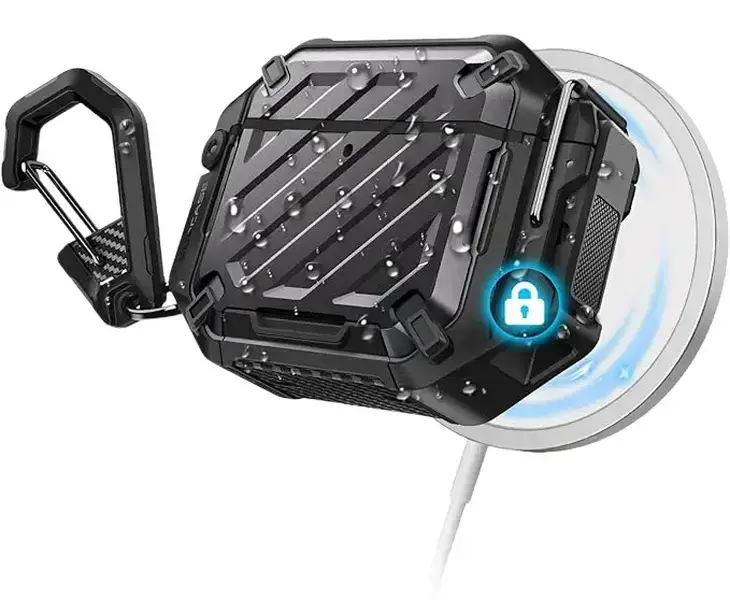 SUPCASE Polycarbonate-TPU Shockproof Audio Protection Case for AirPods 4, IP68 Waterproof Full-Body Anti-Scratch Hard Shell with Lock, Carabiner Clip, MagSafe, Wireless Charging Compatibility & Rubber Port for Secure Connection, Backpack, Belt Loop