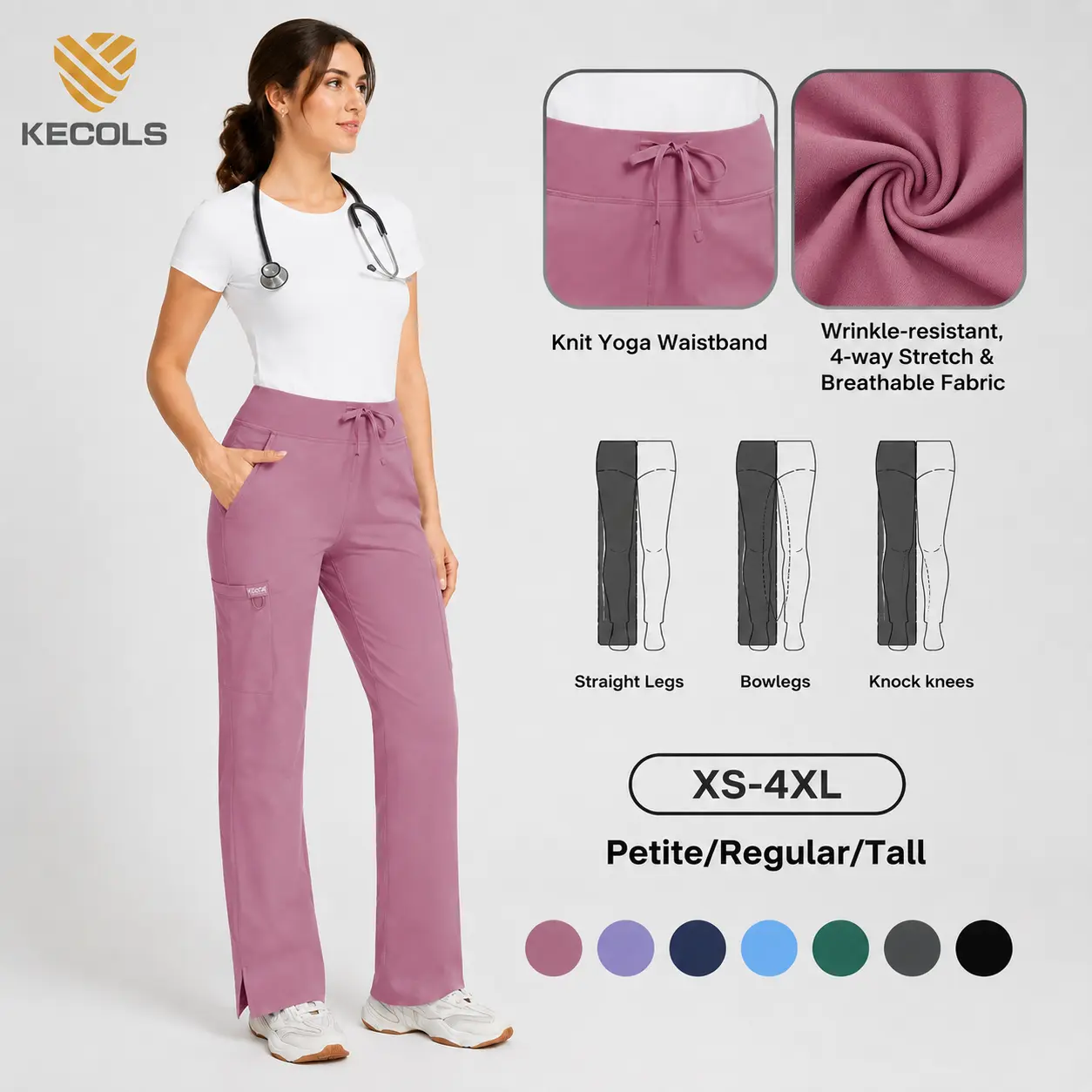 Kecols Women's High Rise Yoga Scrub Pants- Straight Wide Leg Slim Fit Uniform Pants with Cargo Pocket