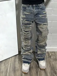 Y2K Streetwear Denim Jeans, Ripped Catwalk Straight Leg, Wide Leg Jeans, Cotton Material, Casual Daily Wear, All-Season Fashion, Pants