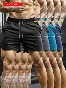 4-piece set, men's sports shorts, quick drying fabric, lightweight design, zipper pocket, suitable for sports and outdoor activities, Solid Sports Shorts