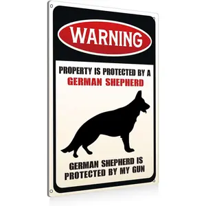 "Property Protected by German Shepherd" Warning Metal Sign, 8x12 Inch Funny Dog Owner Yard Decor, Sarcastic Security Plaque for Home & Outdoor