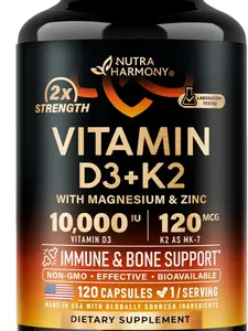 Vitamin D3 K2 - Vitamin D3 10000 iu & K2 as MK-7 120 mcg - Immune & Mood Support, for Bone & Teeth Health - with Magnesium, Zinc & Vitamin C & B12 - Highly Bioavailable - Made in USA, 120 Capsules