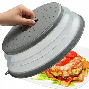 Collapsible Microwave Cover & Grey Durable Dish Steam Prevention Utensils & Microwave Safe Colander Lid for Food & Fruit & Kitchen Silicone Tool