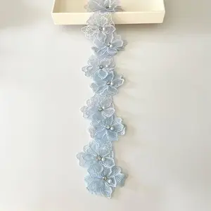 2 Yards 3D Pearl Beads Flower Lace Trim Ribbon Floral Applique Embroidered Lace Fabric for Sewing DIY Crafts (Blue)