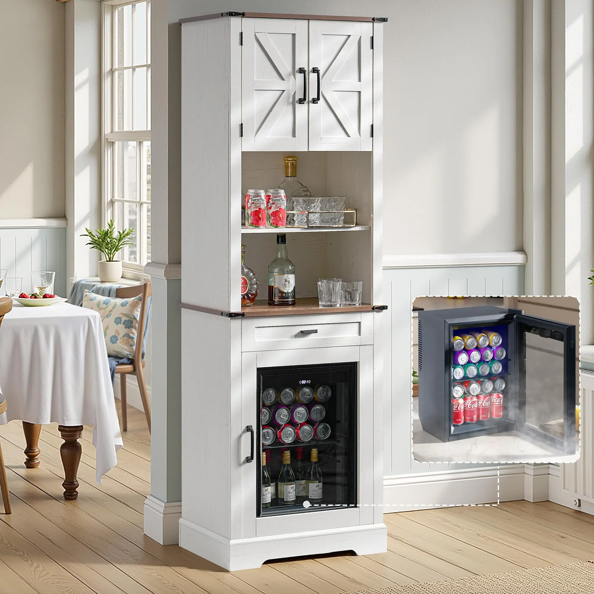 VanAcc Bar Cabinet with Fridge, 69" Wine & Liquor Cabinet with Drawers & Adjustable Shelves, Farmhouse Coffee Bar Cabinet for Home Bar, Dining Room, Living Room #homemakeover