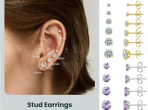 6 Pairs Stud Earrings Set Hypoallergenic Cubic Zirconia 316L Stainless Steel Earrings 3-8mm Steel Color for Everyday Wear