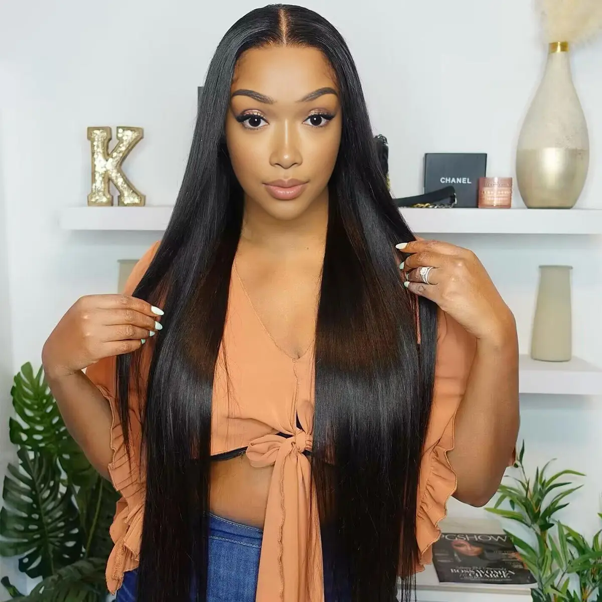 Straight Glueless Transparent  Lace Wig Natural Black Color Pre-Bleached Knots 5×5 Lace Closure Wig