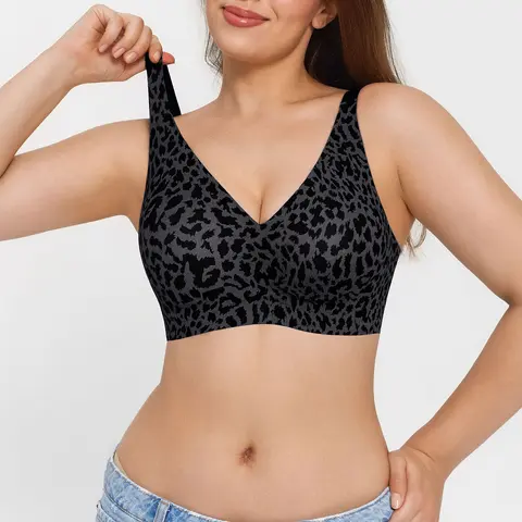 【Runs Small】Popilush Cooling Bra Wireless No Underwire Leopard Print Jelly Bra Everyday Adjustable Comfort Push Up Seamless T-Shirt Bra Minimalist Fabric Soft Smooth Yarn Basic Lady Underwear SohoChic
