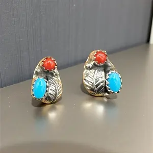 Handcrafted Navajo Sterling Silver Coral Turquoise Stud Earrings