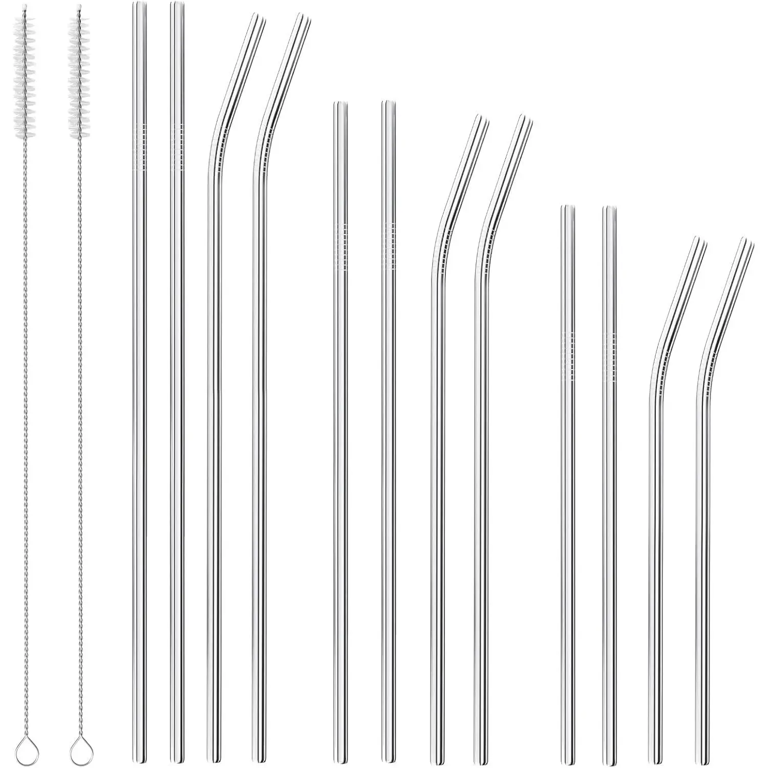 12-Piece Stainless Steel Metal Straws Utensils Set - 0.24'' Wide, 3 Sizes (12.2''/10.5''/8.5'' Long) for 10/20/30/40 oz Drinking Cups, with 2 Cleaning Brushes