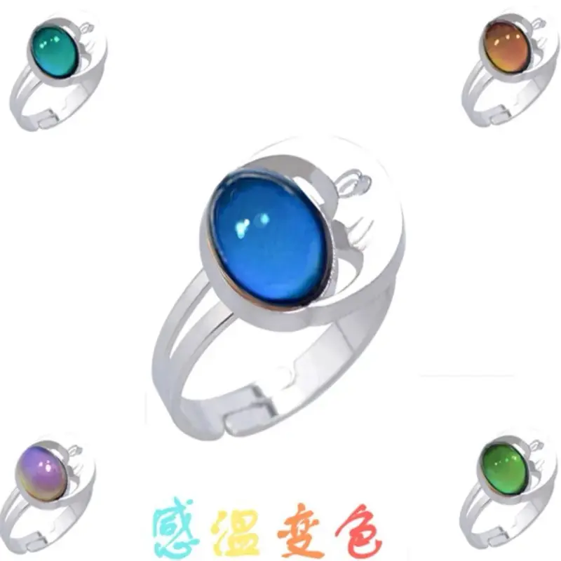 Moon and Oval Mood Ring - Changes Colors According to Your Mood with Various Shades of Blue, Green, and Purple