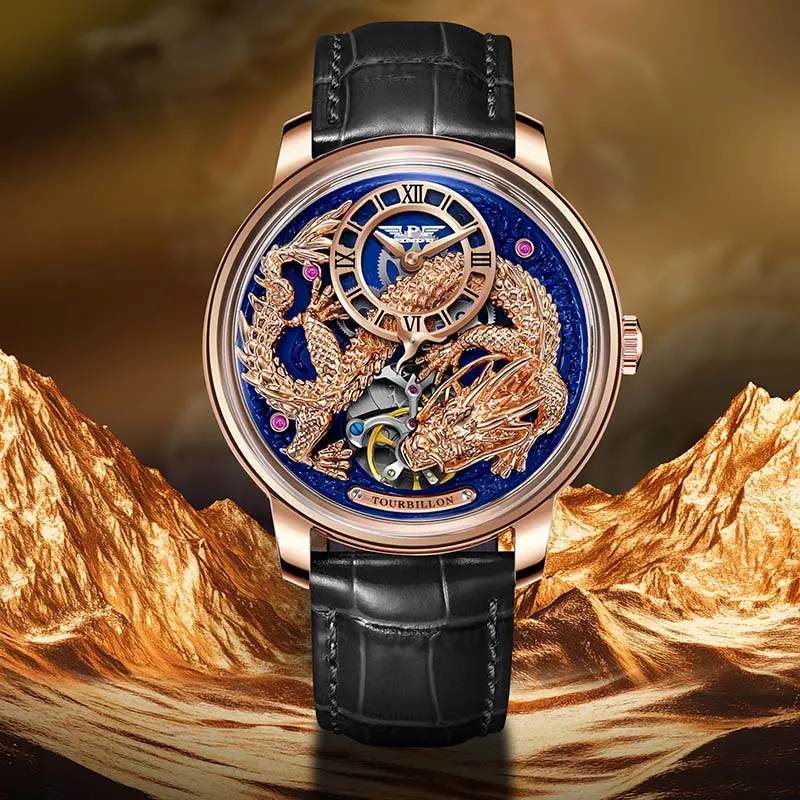 Limited Edition Men's Oval 3D Chinese Dragon Tourbillon Movement Automatic Self-Winding Waterproof Wrist Watch, Genuine-Leather Cow Hide Band, Fashion Men's Accessory