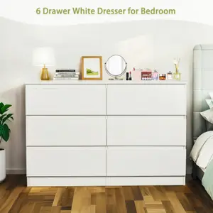 6 Drawer White Dresser, Modern Dresser for Bedroom with Spacious Countertop, Wood Storage Cabinet with Concealed Handles & 6 Deep Drawers for Bedroom, Living Room, Entryway, 15.7" D x 47.2" W x 30.9"