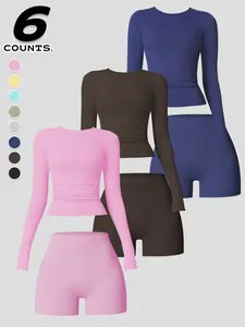 Women's 2-Piece Sportswear Set, Long Sleeve Round Neck Sports T-Shirt & High Waist Tight-Fitting Shorts Yoga