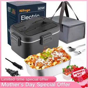 Electric Lunch Box 80W 1.5L Stainless Steel Bento Warmer with Indicator Light & Portable Tableware Set for Home Office Travel Food Quick Storage Fork 80W/1.5L/Black