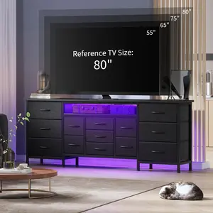 70 Inch Long Dresser with 13 Drawers, TV Stand for 65-80 Inch TV with Charging Station & LED Lighted Charging Dresser, Fabric Storage Organizer for Living Room Large Farmhouse LED Dresser with Outlets