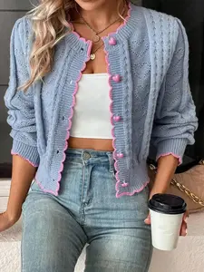 Women's Cute Heart Pattern Cable Knit Colorblock Sweater Cardigan, Autumn/Winter Long Sleeve Button Front Crew Neck Ruffle Trim Knitwear, Daily Casual Fashion Cozy Lightweight Cardigan Sweater, Women Fall Outfit, Ladies Fashion Knitwear