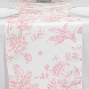 Polyester Table Runner 12"x108" White with Pink French Toile Floral Print - Exquisite Reusable Table Décor